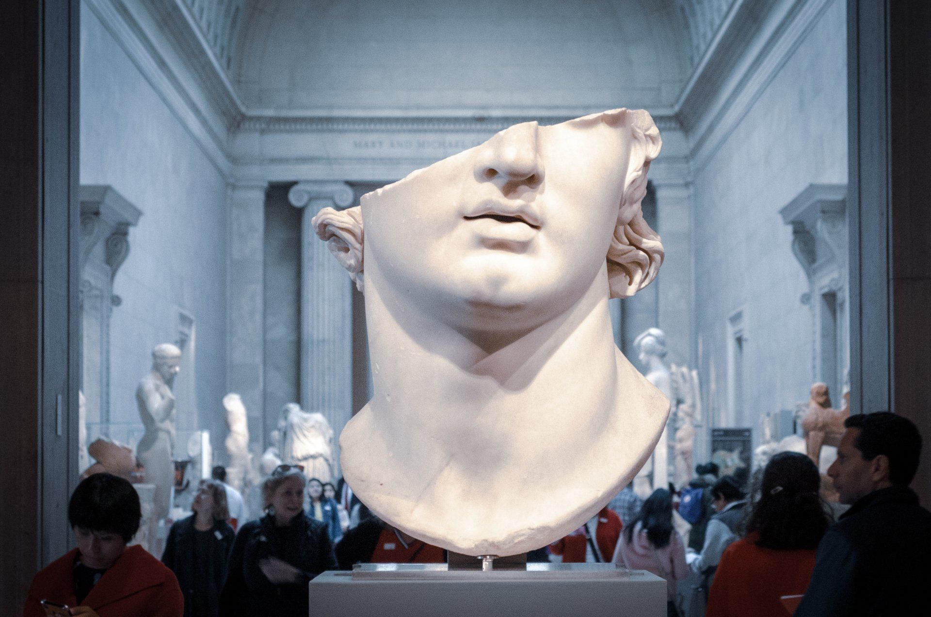 A statue of a man 's head is displayed in a museum.